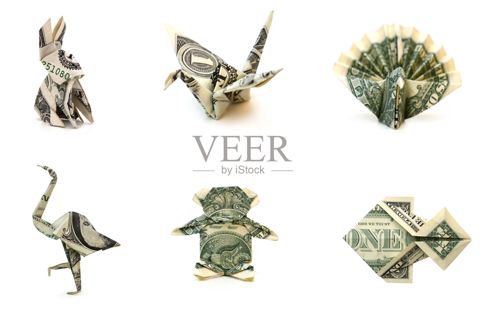 美元折纸动物收集在白色照片摄影图片