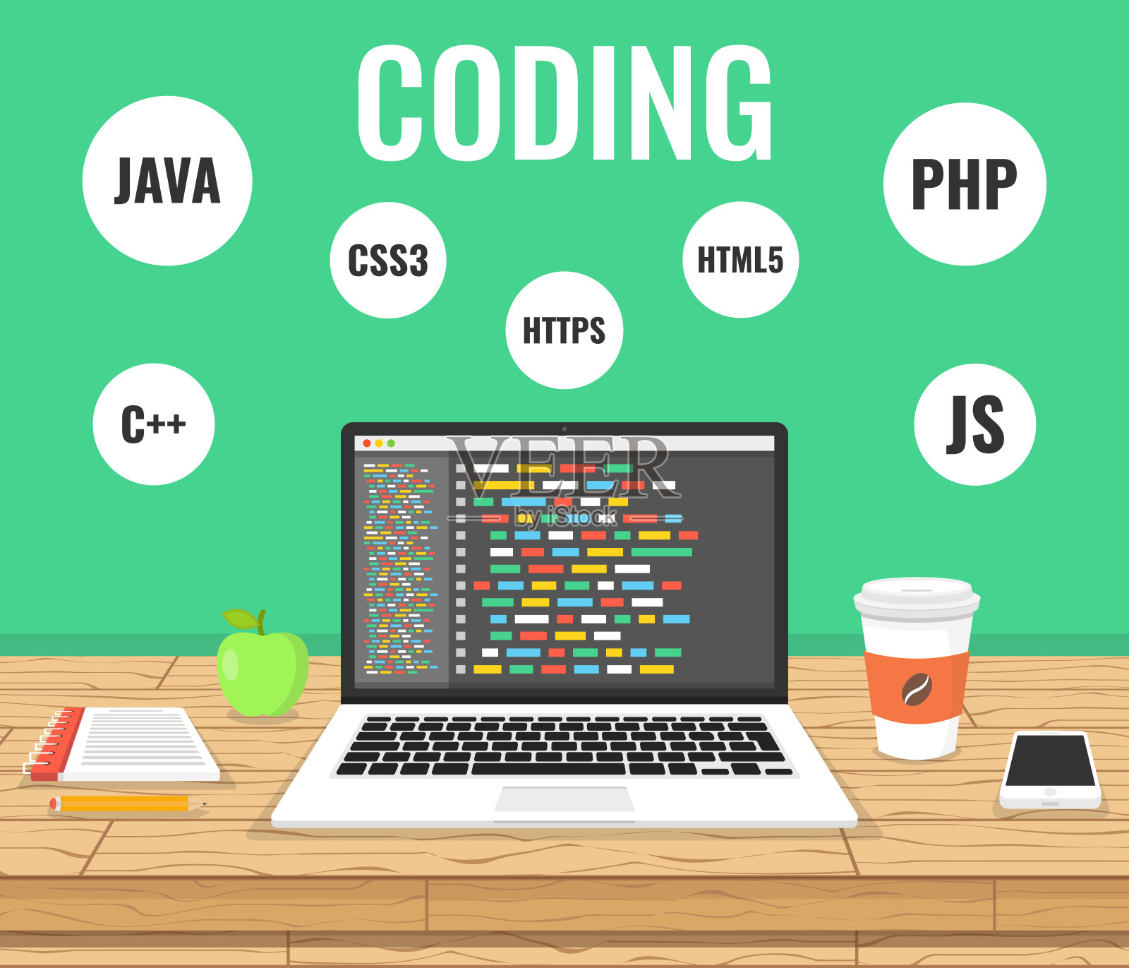 编程,web开发概念。在屏幕笔记本电脑上写代码。工作的地方。矢量插图。插画图片素材