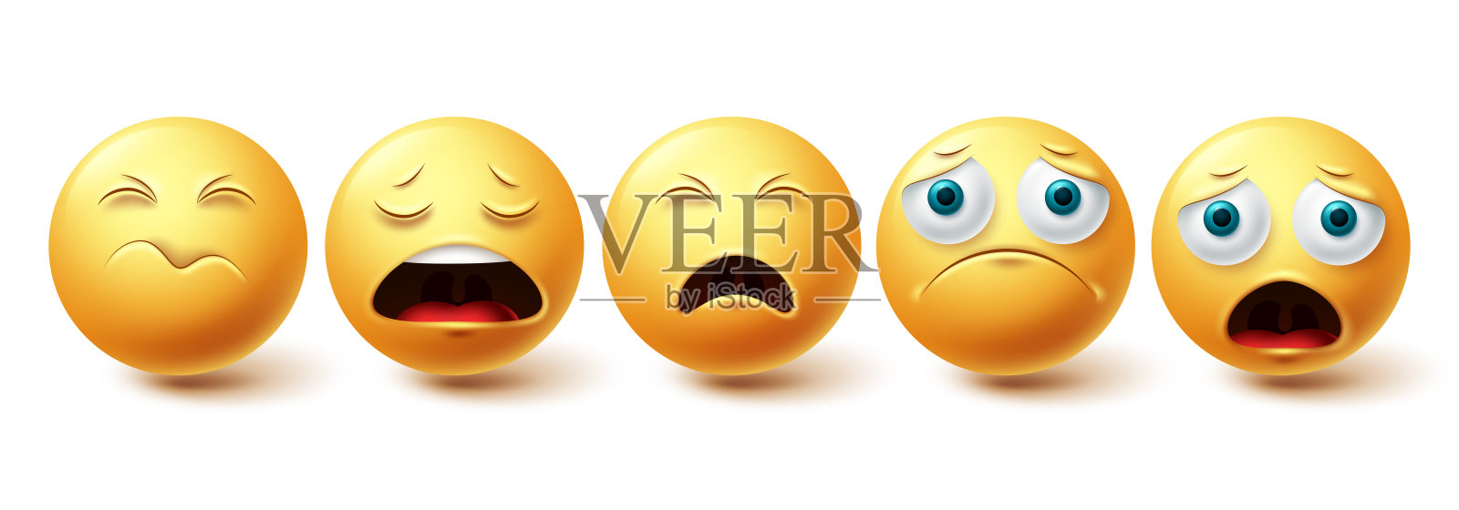 笑脸表情悲伤向量集。笑脸和表情符号孤独,震惊和沮丧的黄色脸集合插画图片素材