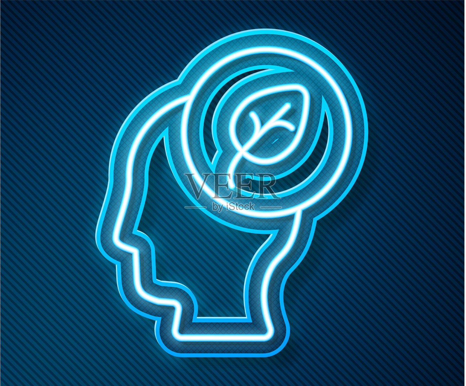 发光的霓虹线人的头与叶内的图标插画图片素材