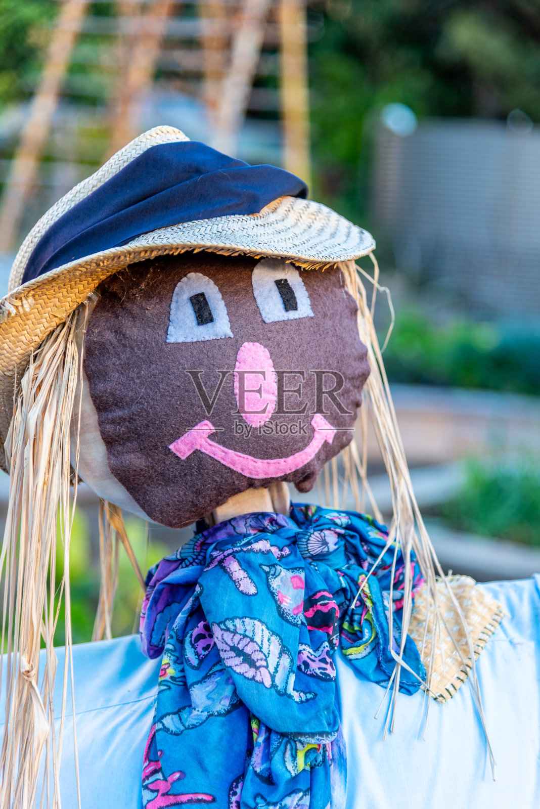 一个稻草人站在那里,他的头发是稻草,穿着蓝色的衬衫照片摄影图片