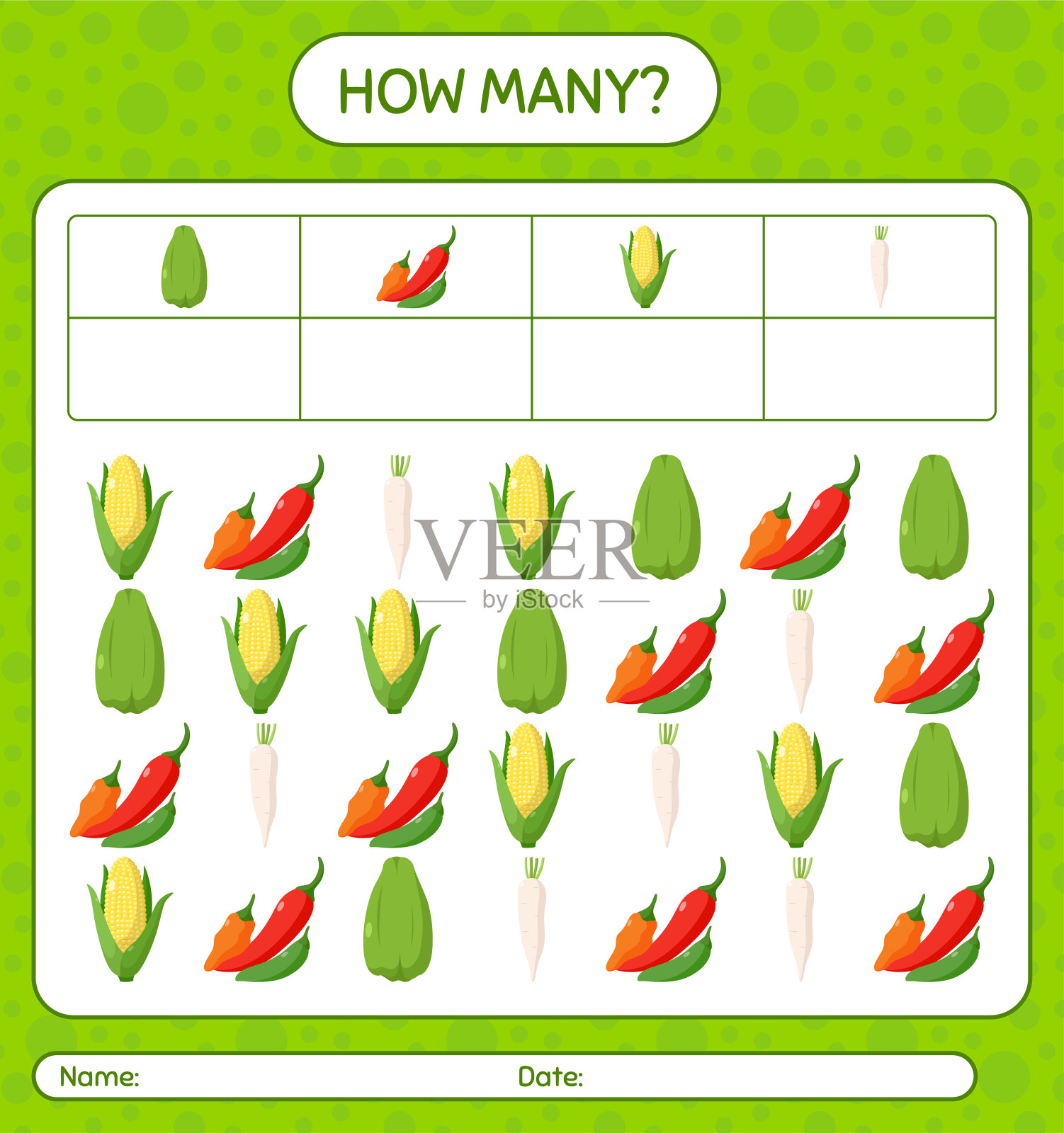 多少数蔬菜游戏。学龄前儿童的工作表,儿童活动表,可打印的工作表插画图片素材