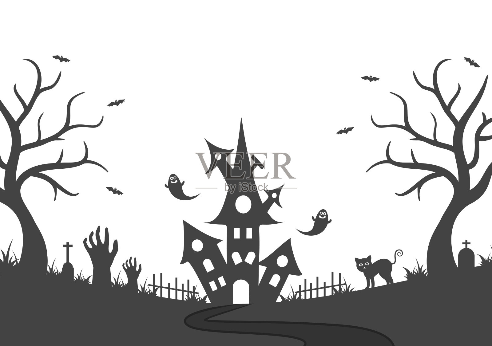 万圣节晚会登陆页插图女巫,鬼屋,南瓜,蝙蝠和满月。背景,旗帜,墙纸,或小册子插画图片素材