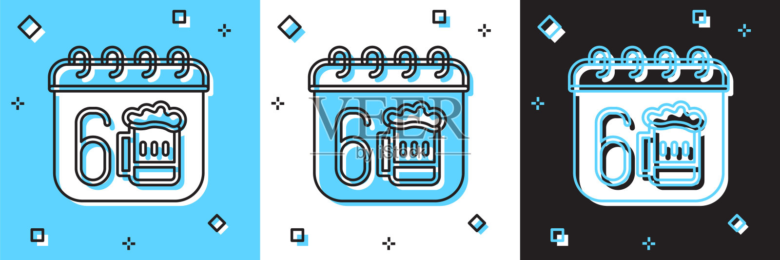 设置圣帕特里克节日历图标孤立在蓝色和白色,黑色背景。四叶苜蓿的象征。日期3月17日。向量插画图片素材