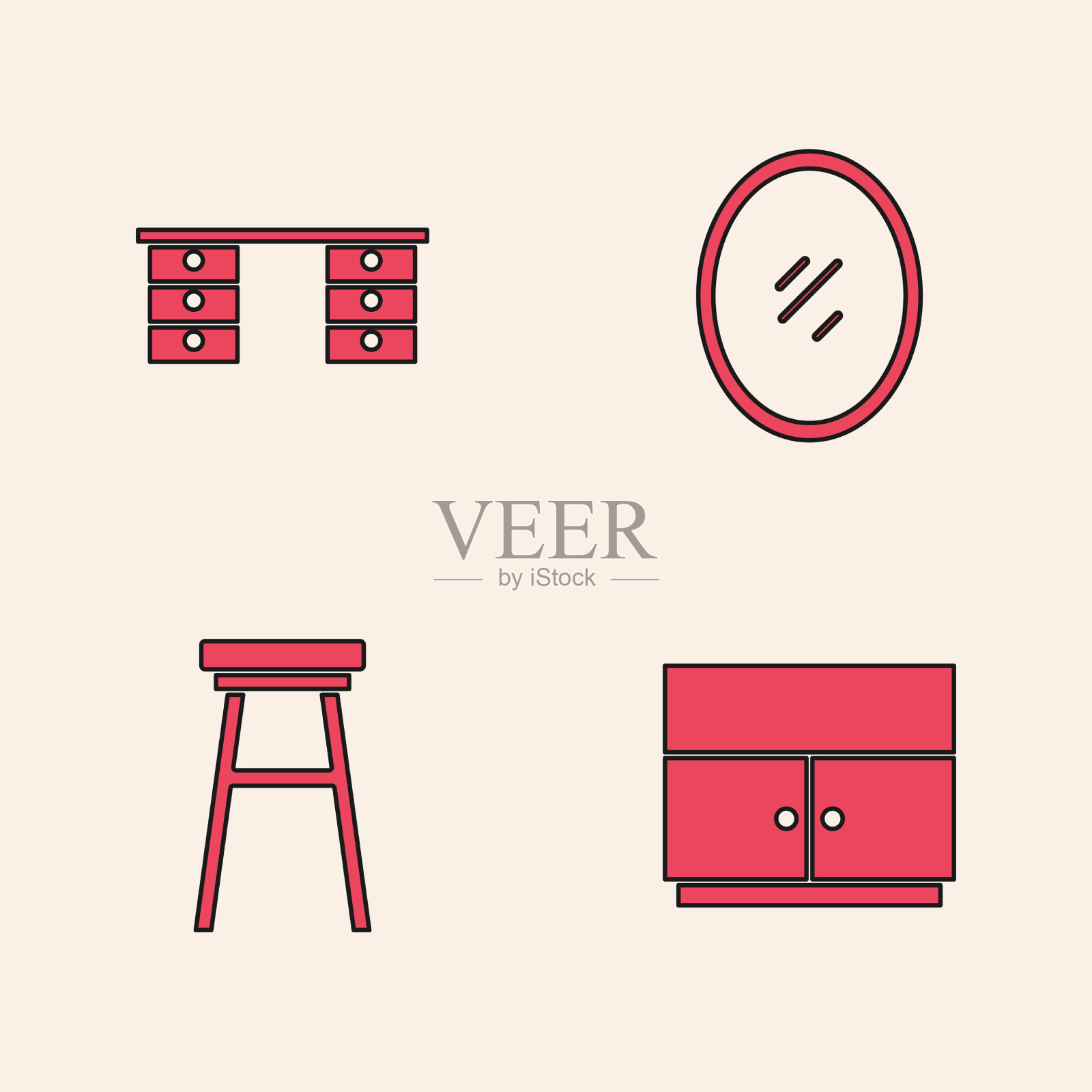 设置衣柜,办公桌,镜子和椅子图标图标素材