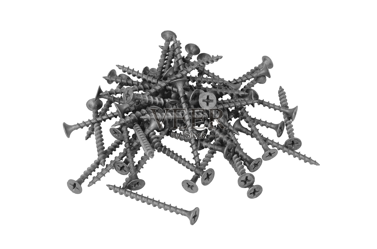 黑色的螺丝钉在白色的背景上成串。照片摄影图片