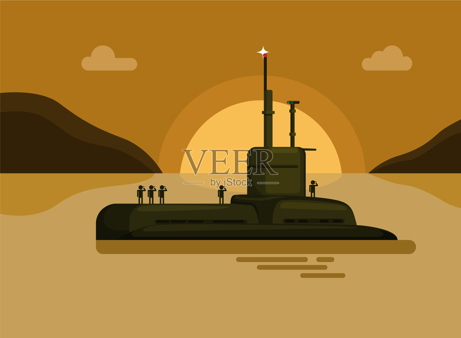 漂浮在海上的潜艇、军舰军用车辆插画图片素材