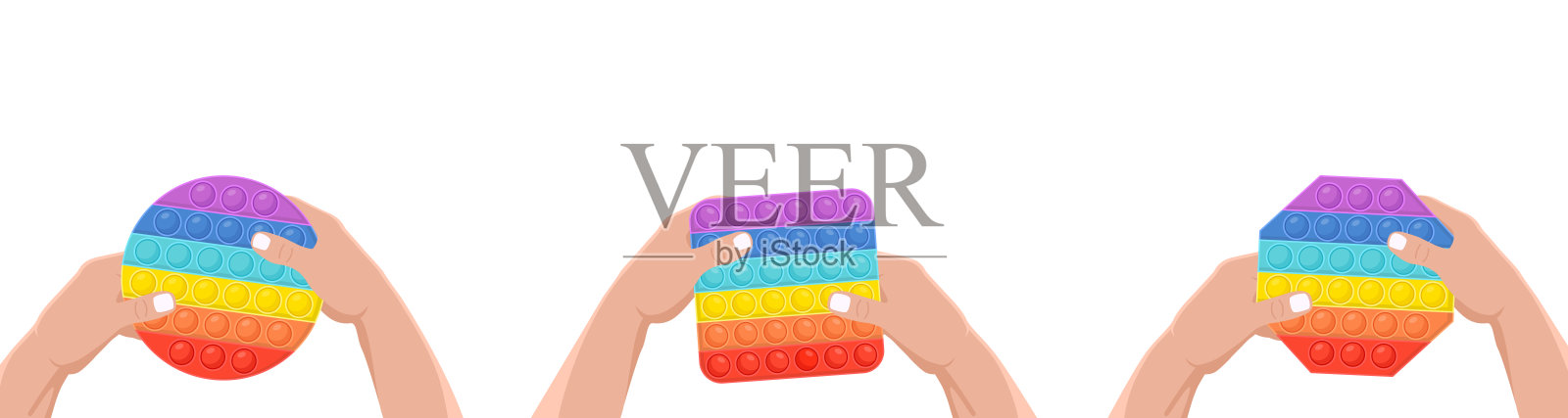 手上拿着一个抗压玩具,把它弹开。手玩具不同形状的彩虹颜色与橡胶推气泡。它在手里坐立不安。向量插画图片素材