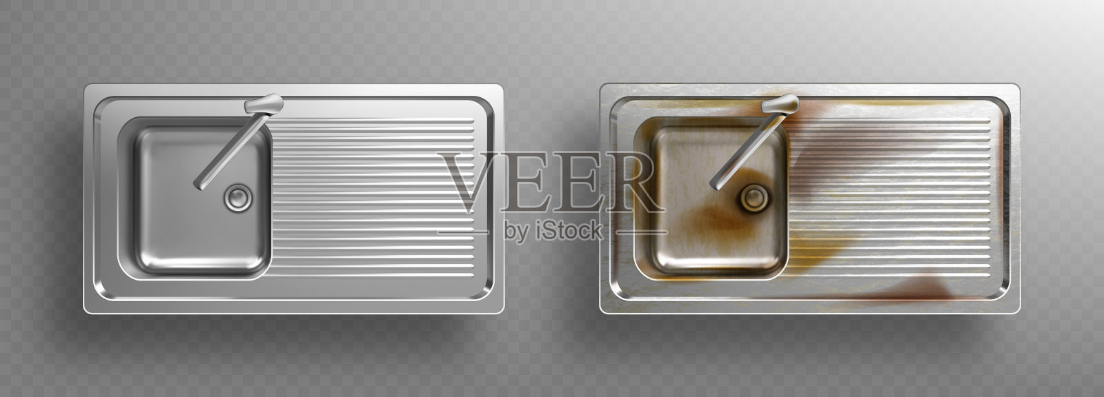 清洁和生锈的金属厨房水槽与水龙头插画图片素材