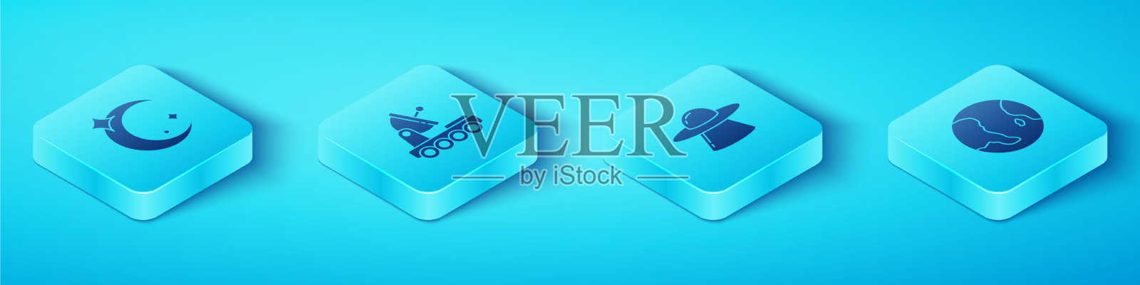 设置等距月球和星星火星漫游者地球图标素材