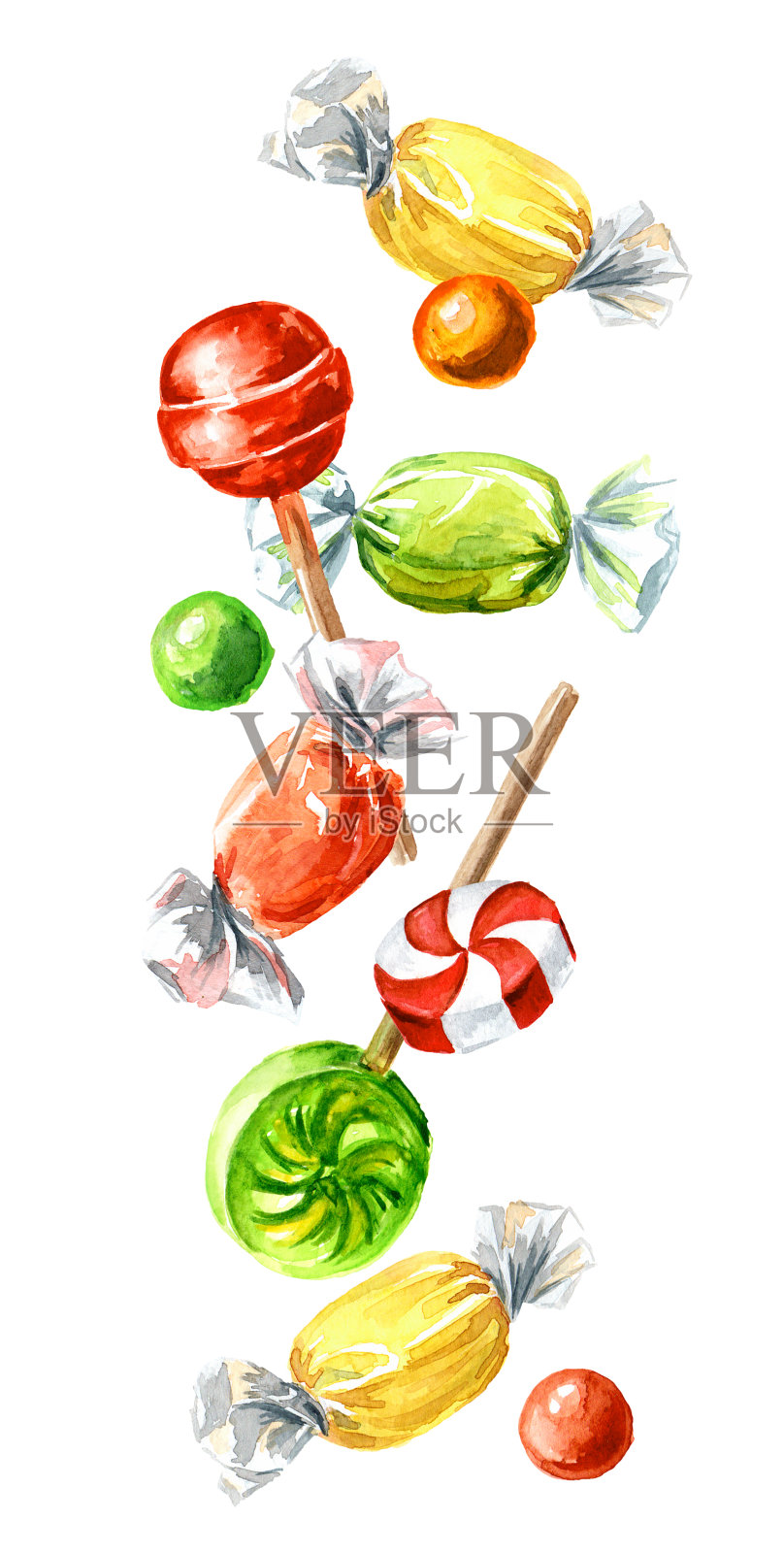 糖果棒棒糖下降。手绘水彩插图,孤立的白色背景插画图片素材