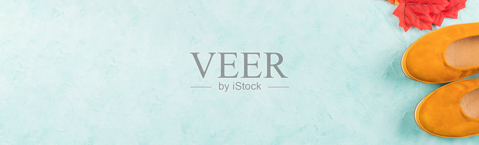 黄芥末平底鞋与秋叶和南瓜,季节性的框架背景。照片摄影图片