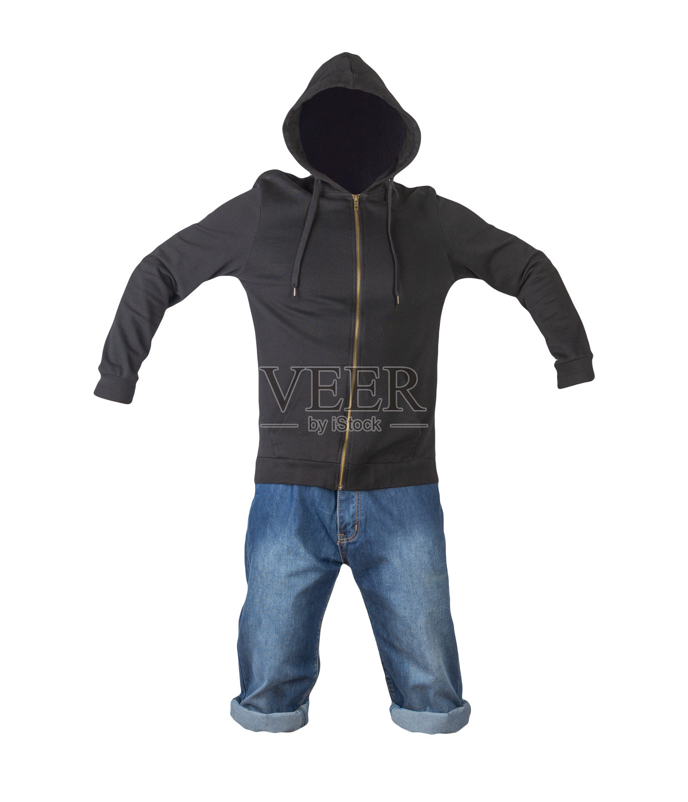 牛仔裤深蓝色短裤和帽衫孤立在白色背景。男人的牛仔裤照片摄影图片