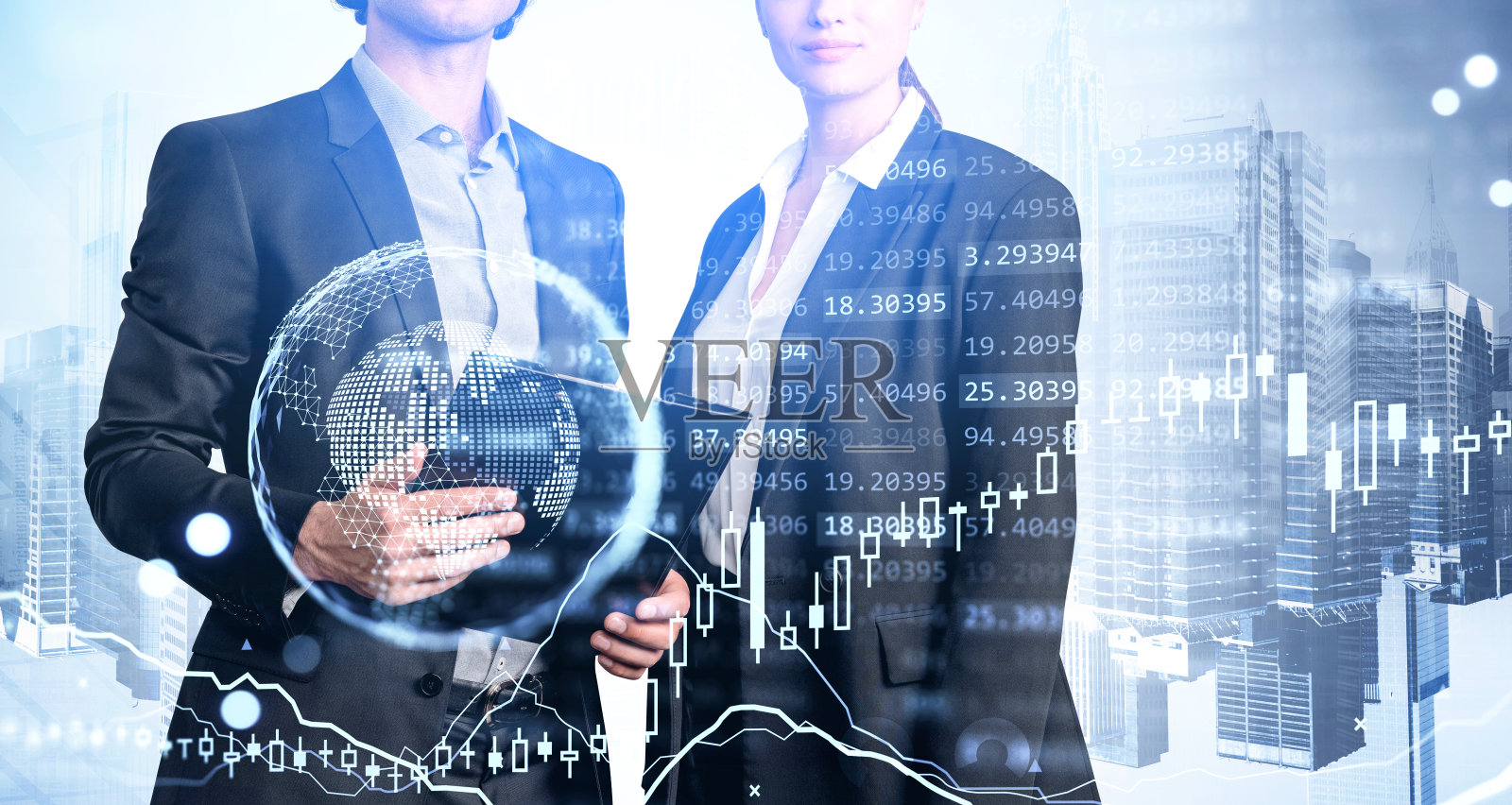 商业人士和图形线和条形与数字,地球和建筑物照片摄影图片