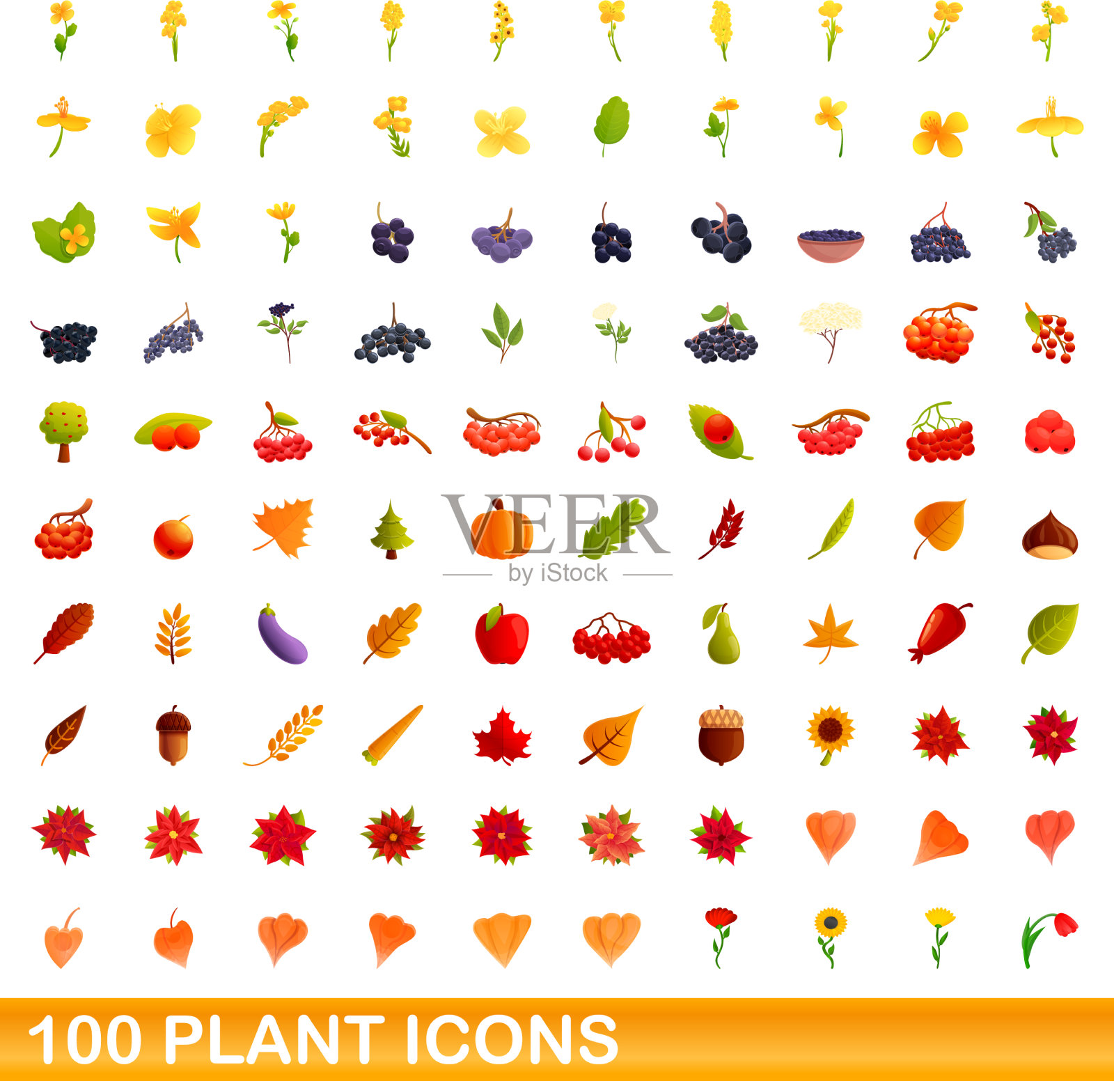 100个植物图标设置卡通风格图标素材