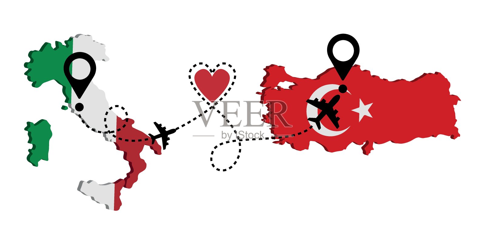 从意大利乘客机前往土耳其。飞机的路线。自由旅行。我喜欢乘飞机旅行。插画图片素材