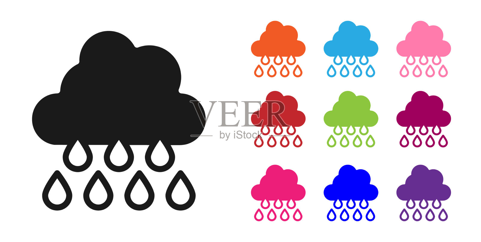 黑色的云与雨的图标孤立在白色插画图片素材