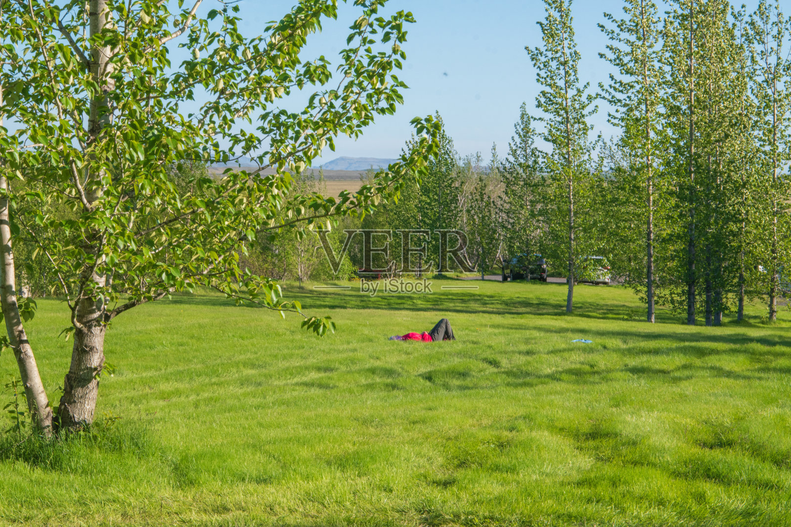 一名穿着红色夹克的女子躺在冰岛豪卡达卢的草地上。照片摄影图片