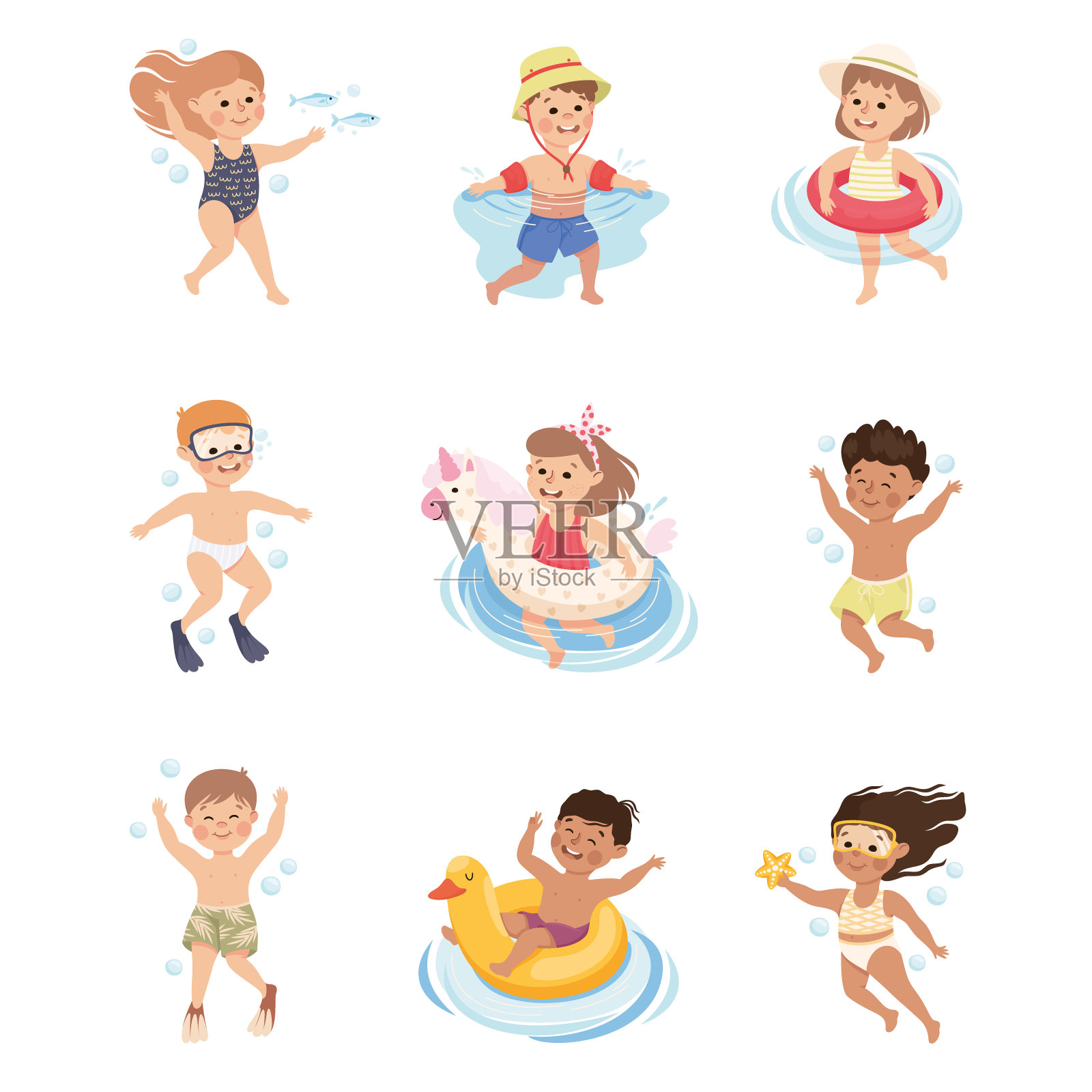 带橡皮环和鳍的小孩子在水向量集游泳插画图片素材