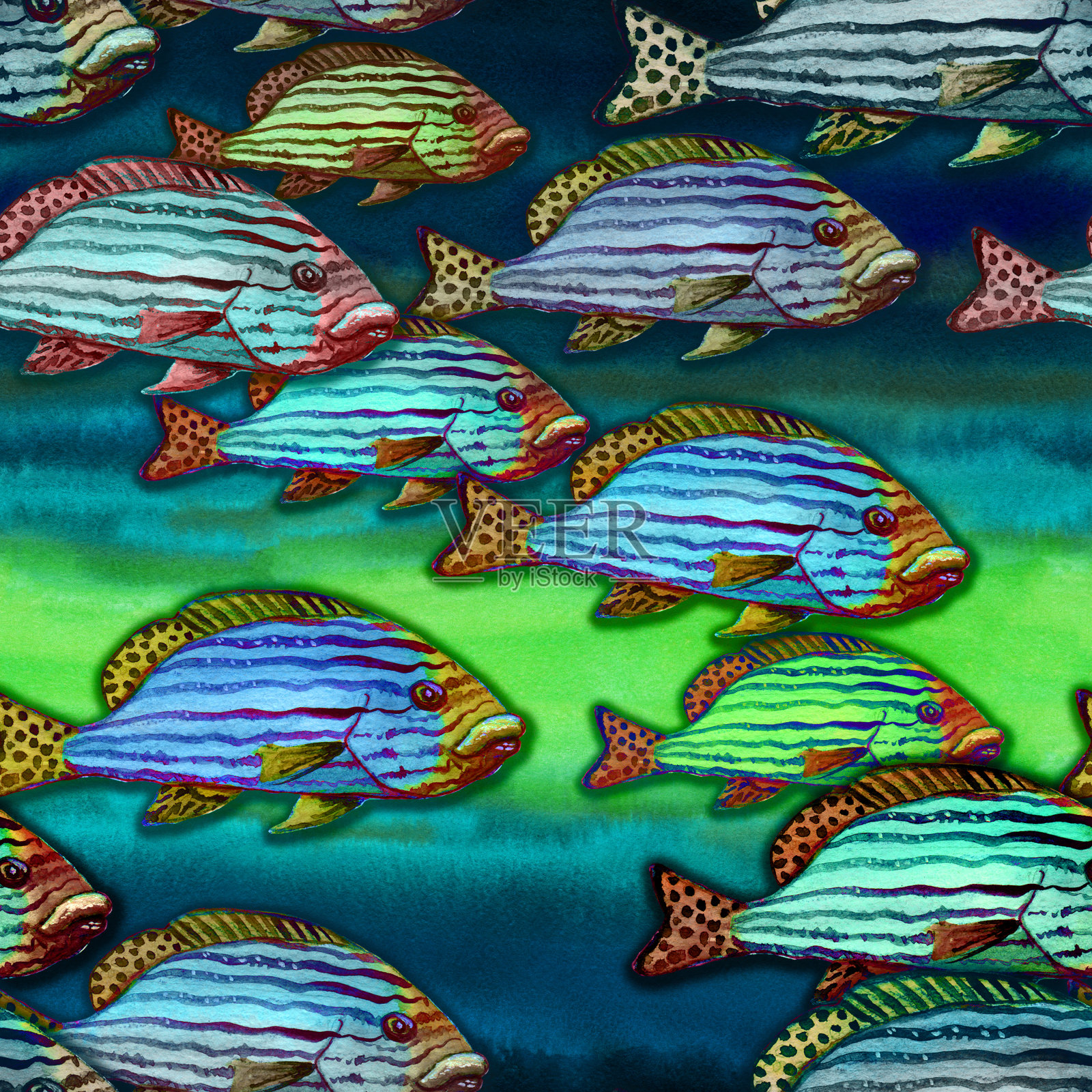 鱼,水藻,水彩画。水下世界。无缝模式。使用印刷材料,标志,物品,网站,地图,海报,传单,包装。插画图片素材