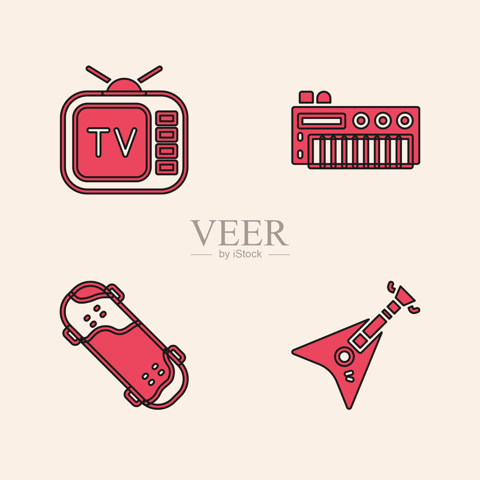 设置电低音吉他复古电视音乐图标素材