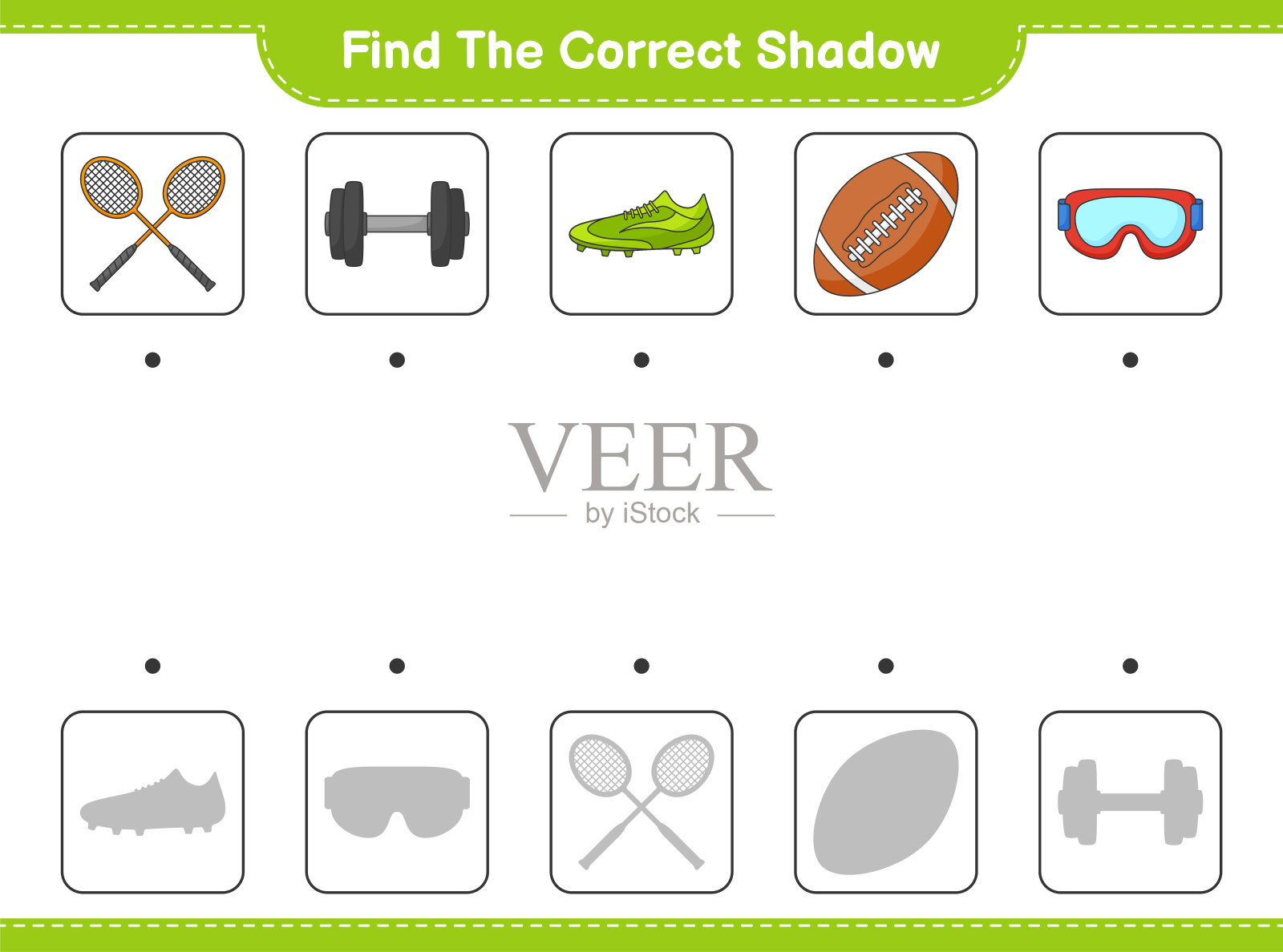 找到正确的阴影。找到并匹配羽毛球拍,哑铃,橄榄球,护目镜和足球鞋的正确影子。教育孩子们的游戏插画图片素材