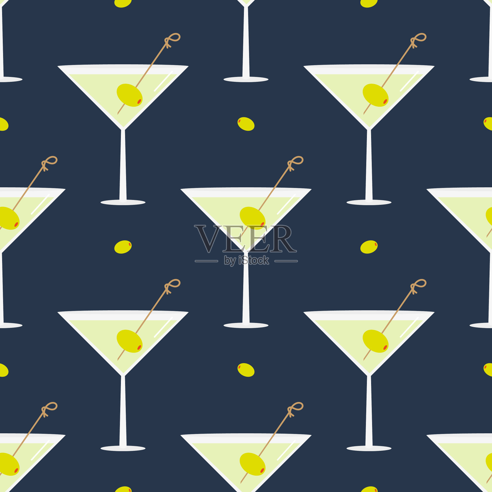 杯中橄榄图案的马提尼鸡尾酒插画图片素材