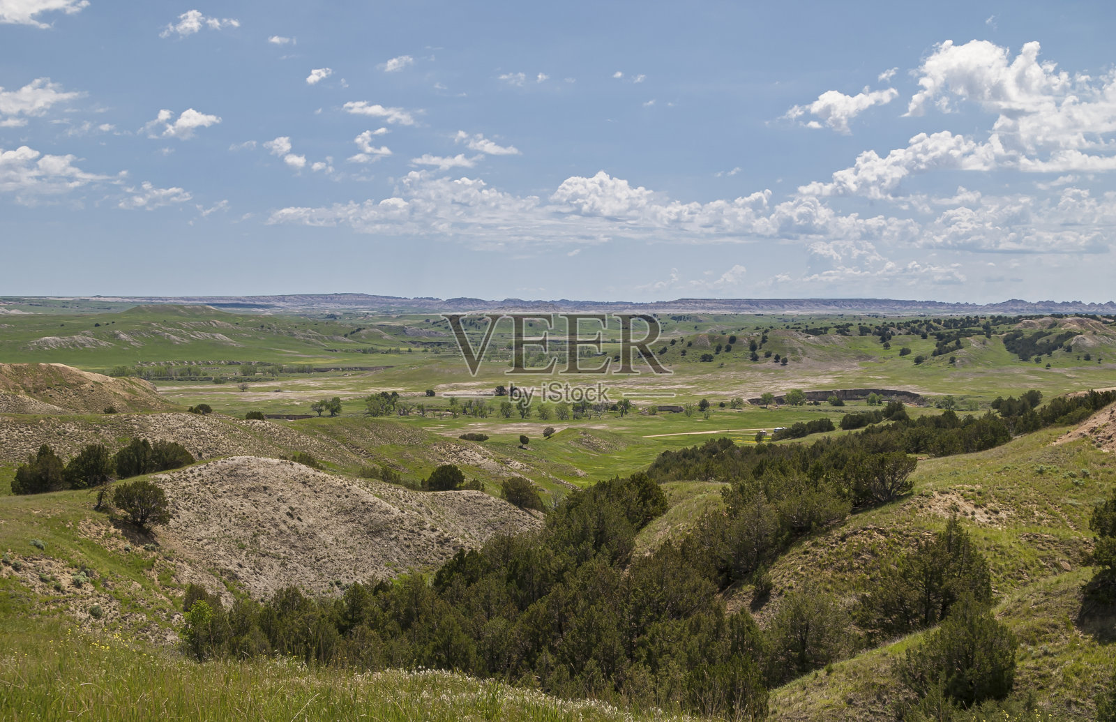 广阔的草原景观与黑暗的树木点缀,Badlands, SD,美国照片摄影图片