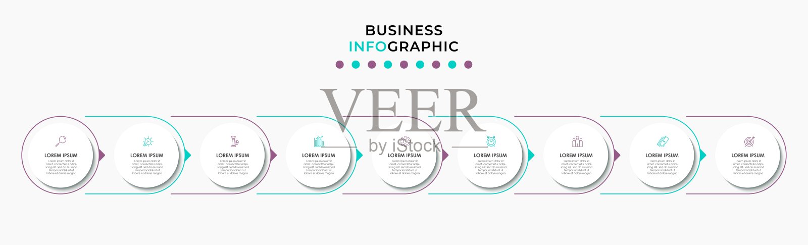 矢量信息图形设计插图业务模板与图标和9个选项或步骤。可用于流程图,演示文稿,工作流布局,横幅,流程图,信息图插画图片素材