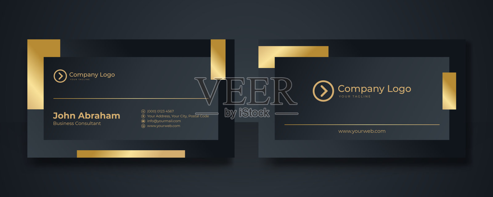 现代名片-创意和干净的名片模板。豪华名片设计模板。优雅的金黑色背景与抽象的金色波浪形线条闪闪发光。矢量图设计模板素材