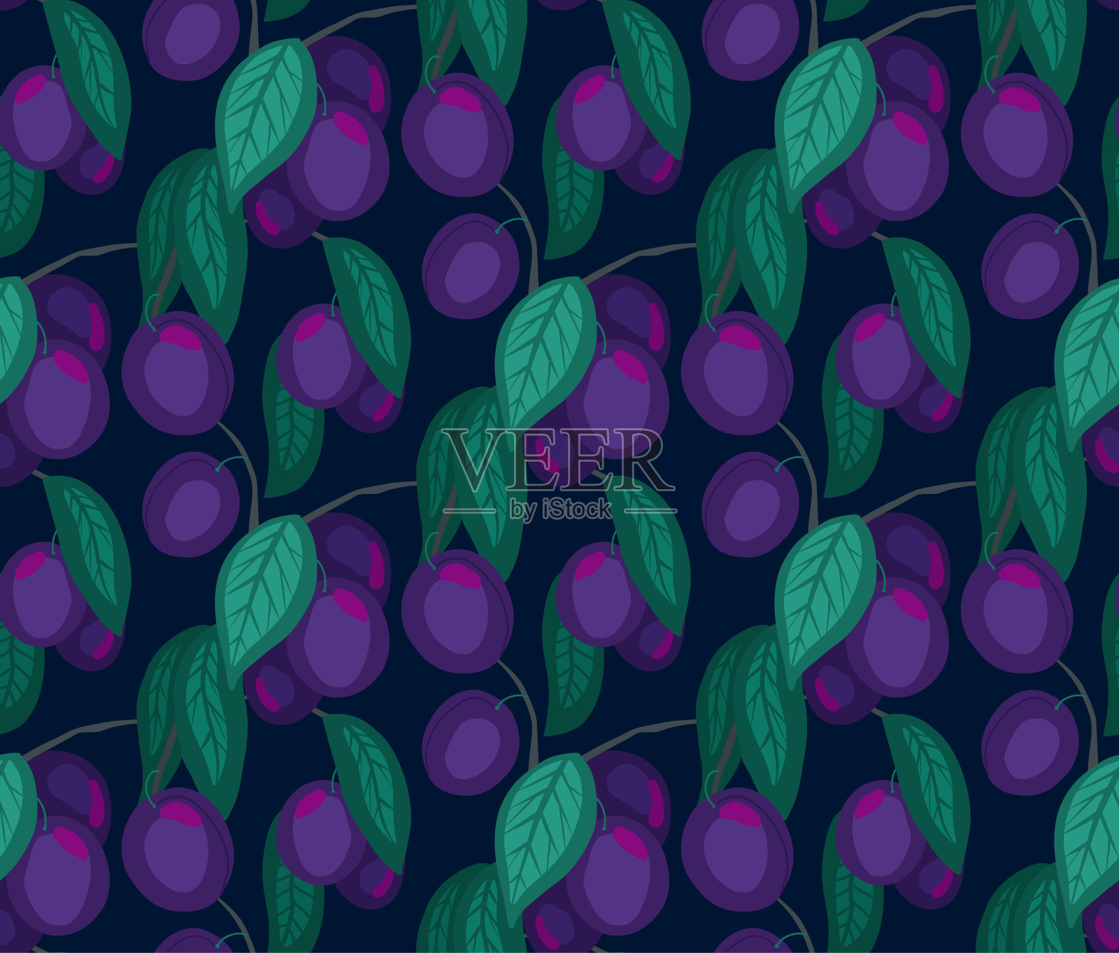 无缝平坦的纹理与梅子上的枝和叶在黑暗的背景。卡通图案与水果在茎在晚上。手绘墙纸与交织的浆果。插画图片素材