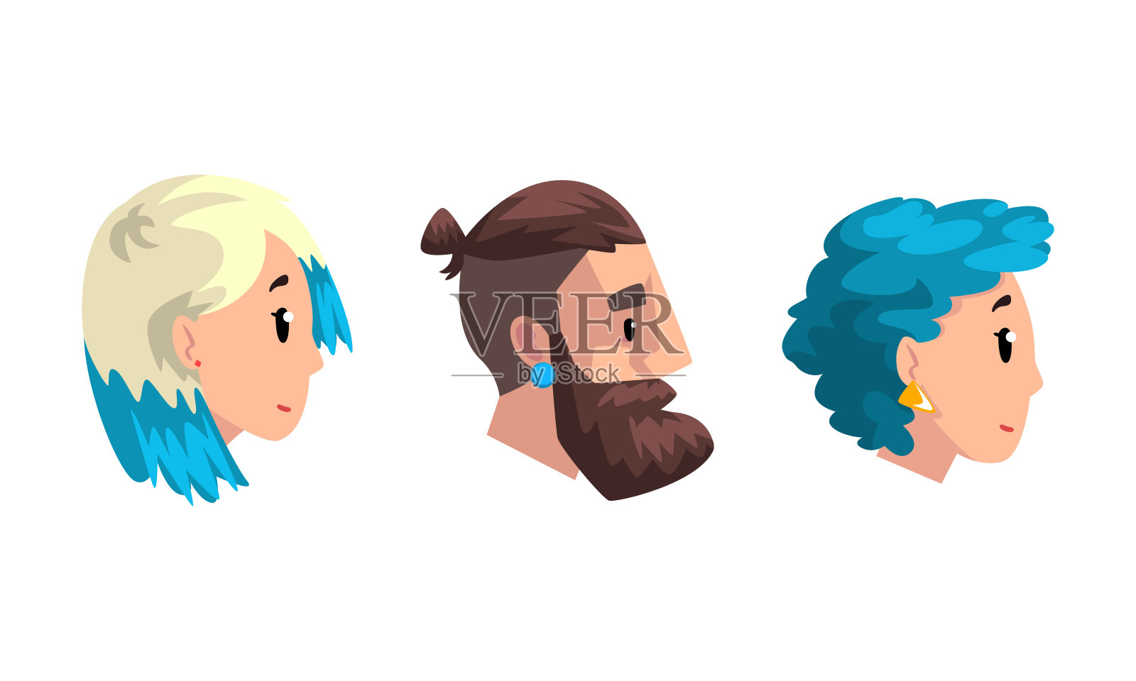 轮廓男性和女性肖像的集合,男人和女人与各种各样的发型卡通矢量插图插画图片素材