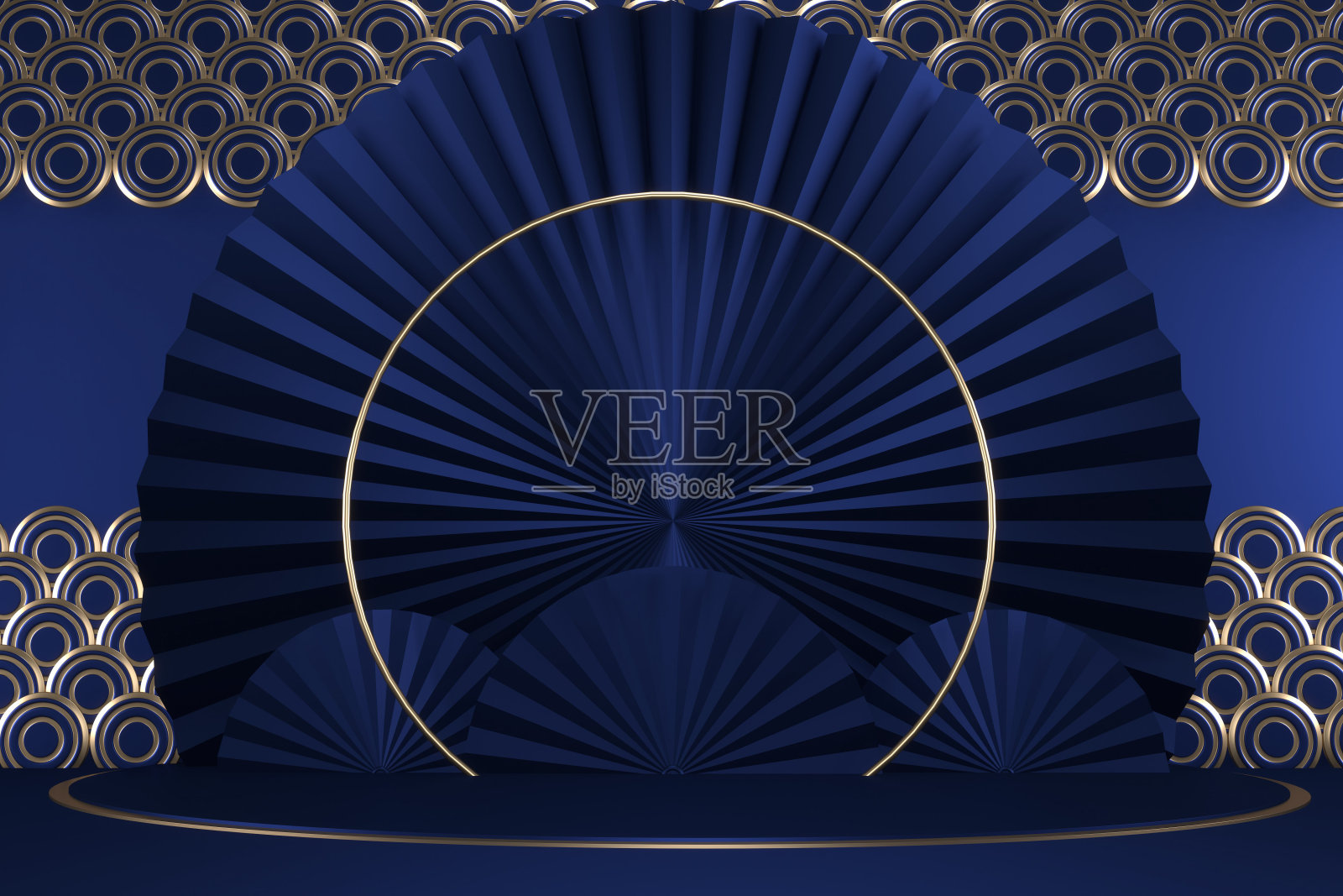 深蓝色几何背景,日式裙房蓝色概念。3d渲染照片摄影图片