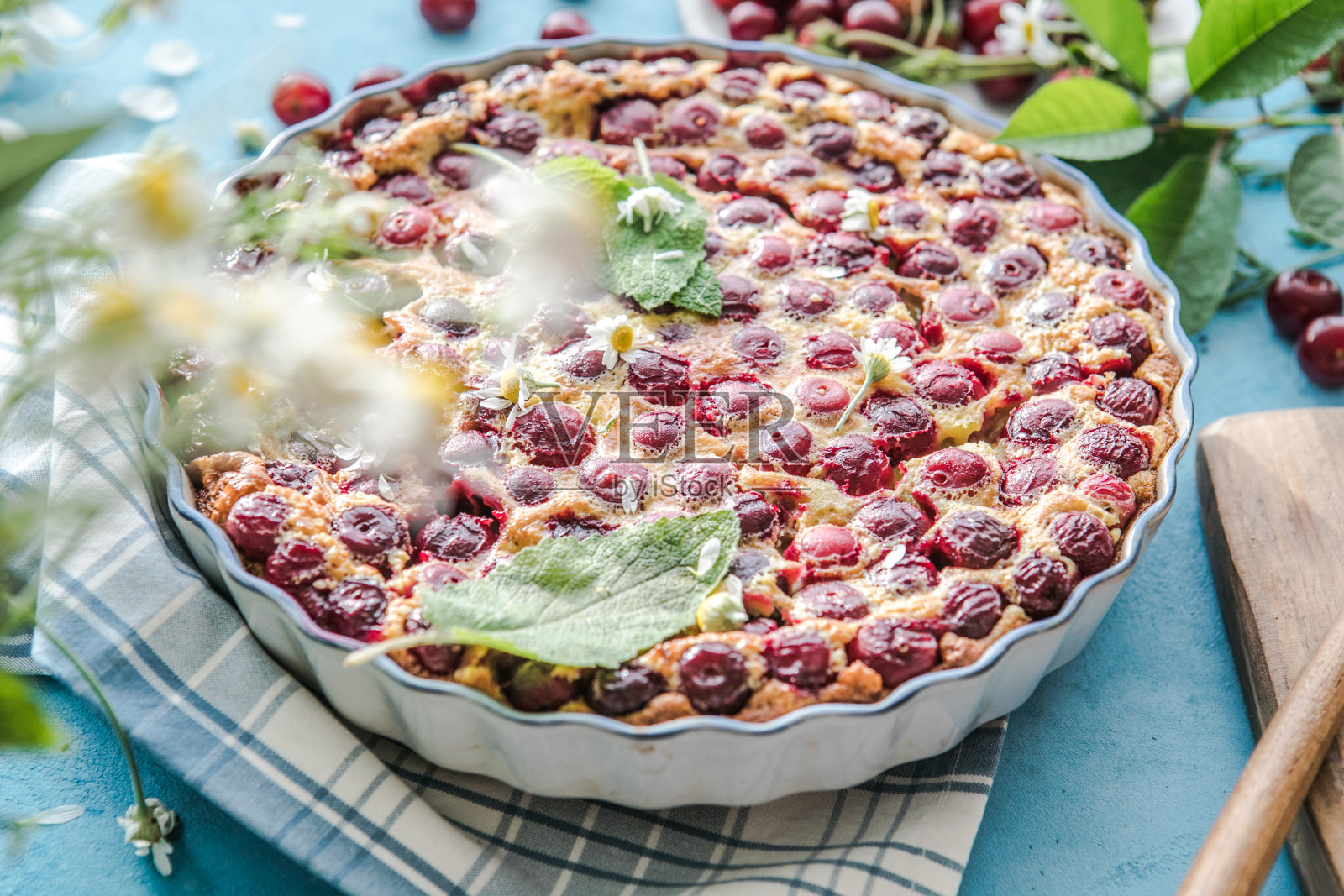 蓝底樱桃克拉芙提照片摄影图片