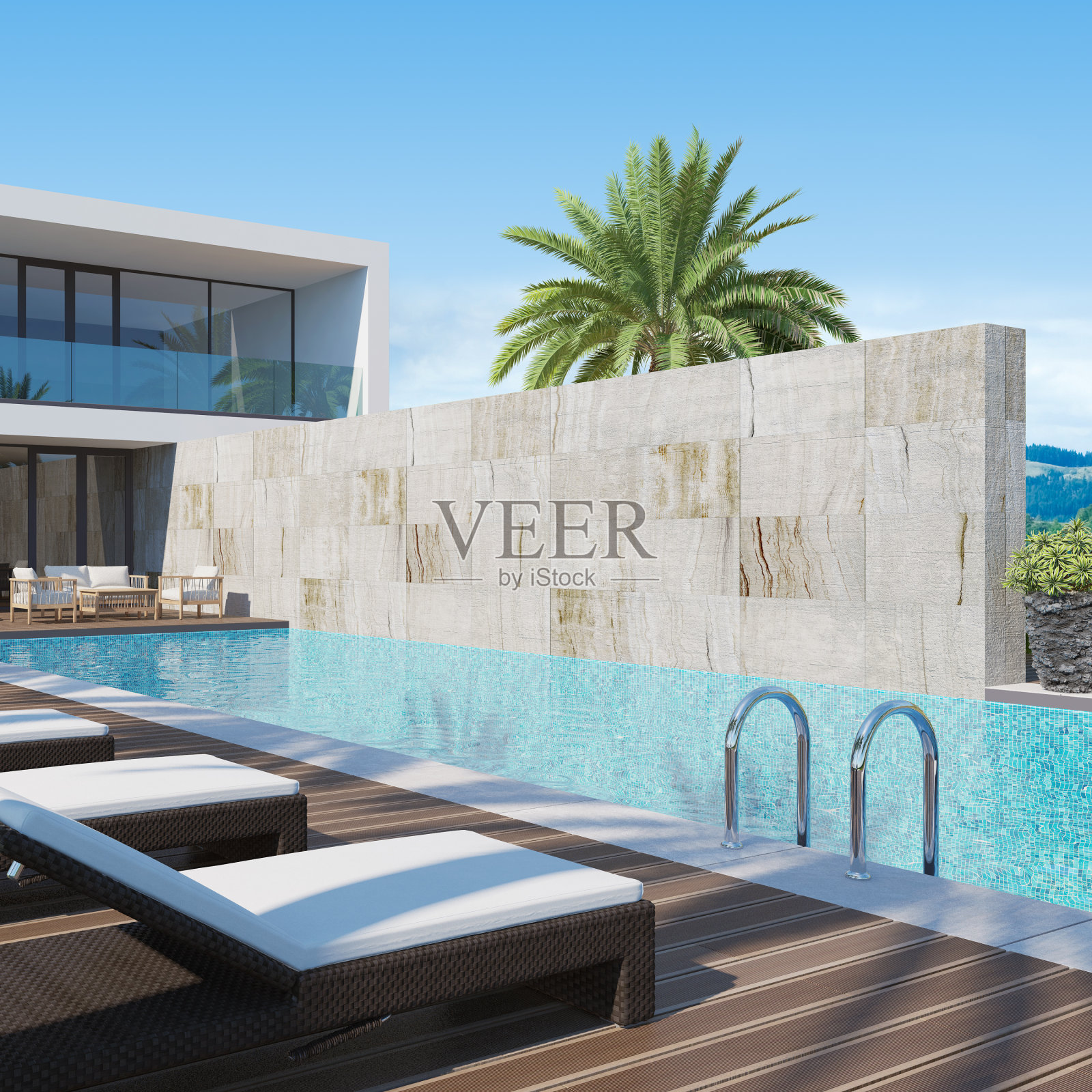 带有花园和游泳池的现代豪华别墅。照片摄影图片