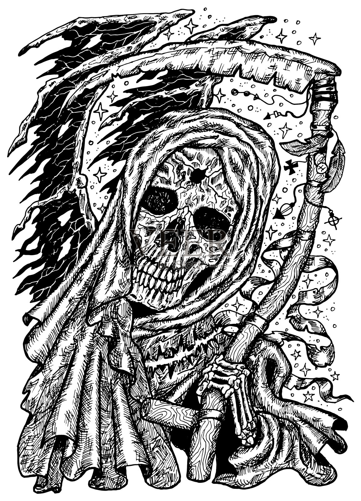 黑色和白色刻着可怕的骷髅还是插画图片素材