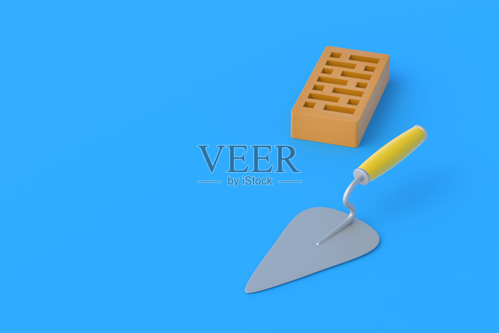 有孔粘土砖近泥刀在蓝色背景。房屋维修。建筑材料。开发人员服务。副本的空间。三维渲染照片摄影图片