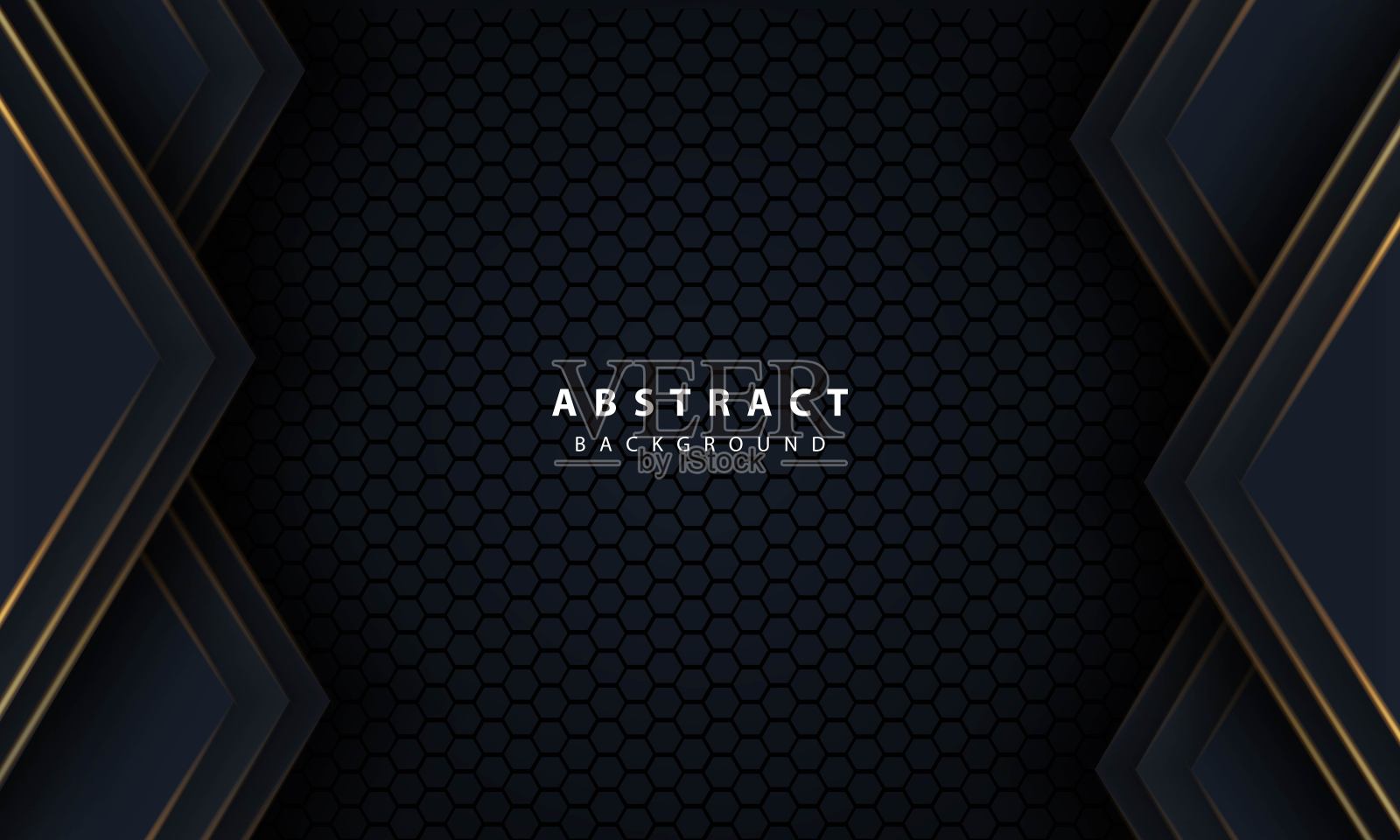 抽象金线箭头在黑色与六边形网格设计现代豪华未来主义技术背景矢量插图。插画图片素材