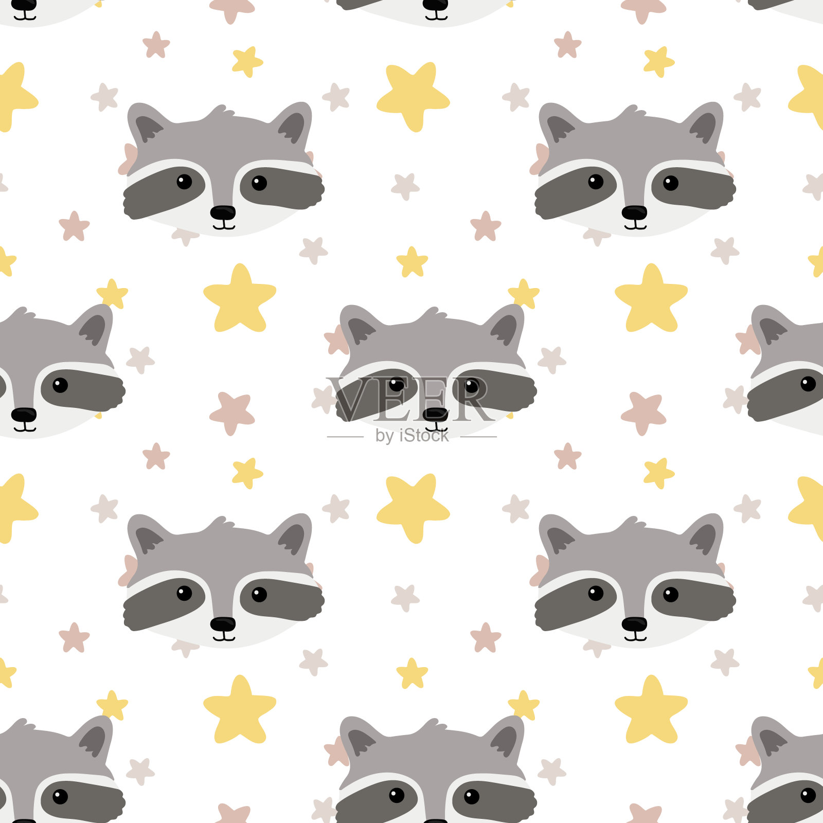 抽象无缝图案与浣熊和星星。完美的背景织物,包装,纺织品,墙纸,装饰。矢量图插画图片素材