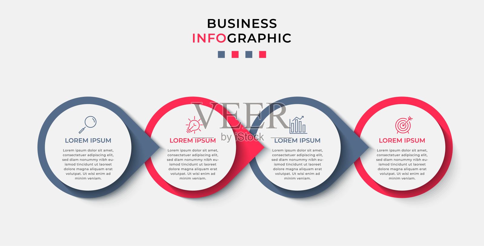 最小的业务信息图模板。有4个步骤,选项和营销图标的时间线。矢量线性信息图与两个圆形连接的元素。可用于演示。插画图片素材