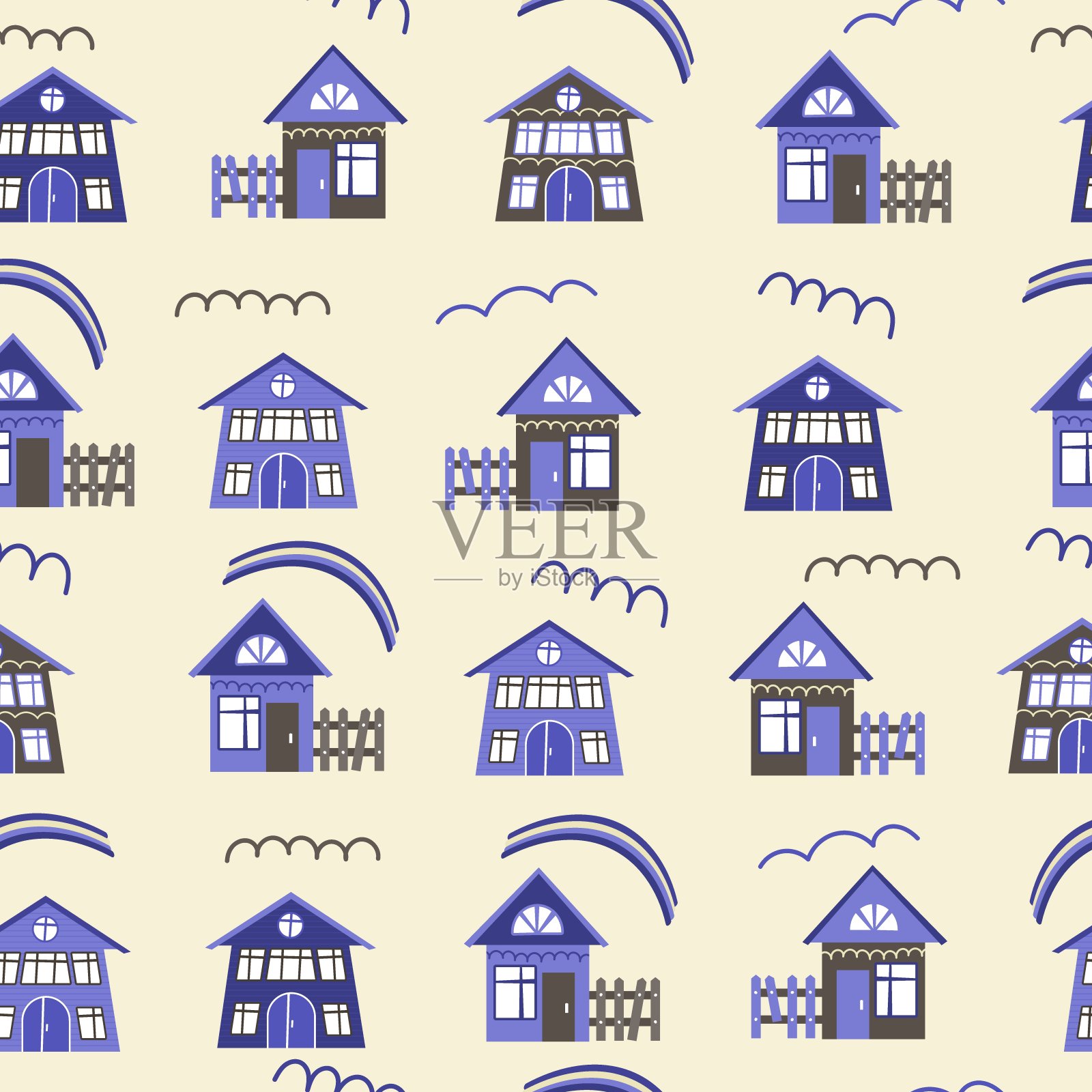 有趣的房子模式在米色背景矢量插图。以扁平的风格印刷在纺织品和纪念品上。插画图片素材