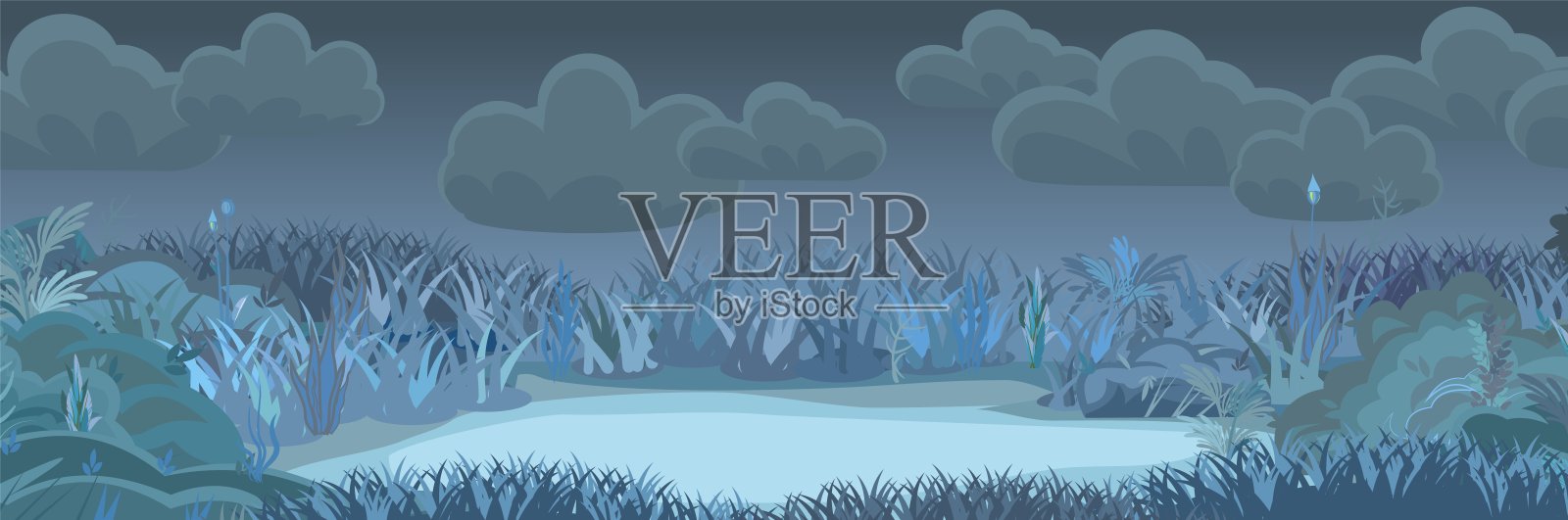 傍晚的草地。夜晚黑暗的灌木丛。草地面积。优美优美的风景。平的风格。卡通设计。向量插画图片素材