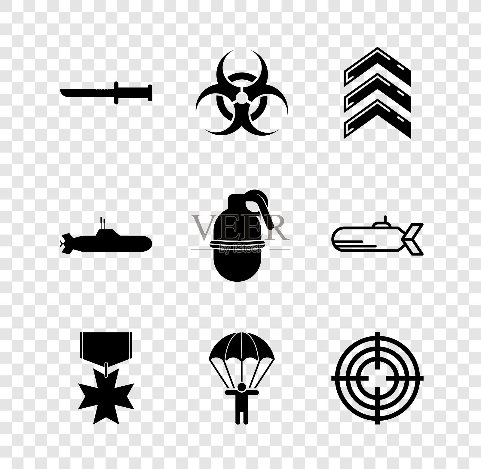 设置军刀,生物危害符号,等级,奖励奖章,降落伞,目标运动,潜艇和手雷图标。向量图标素材