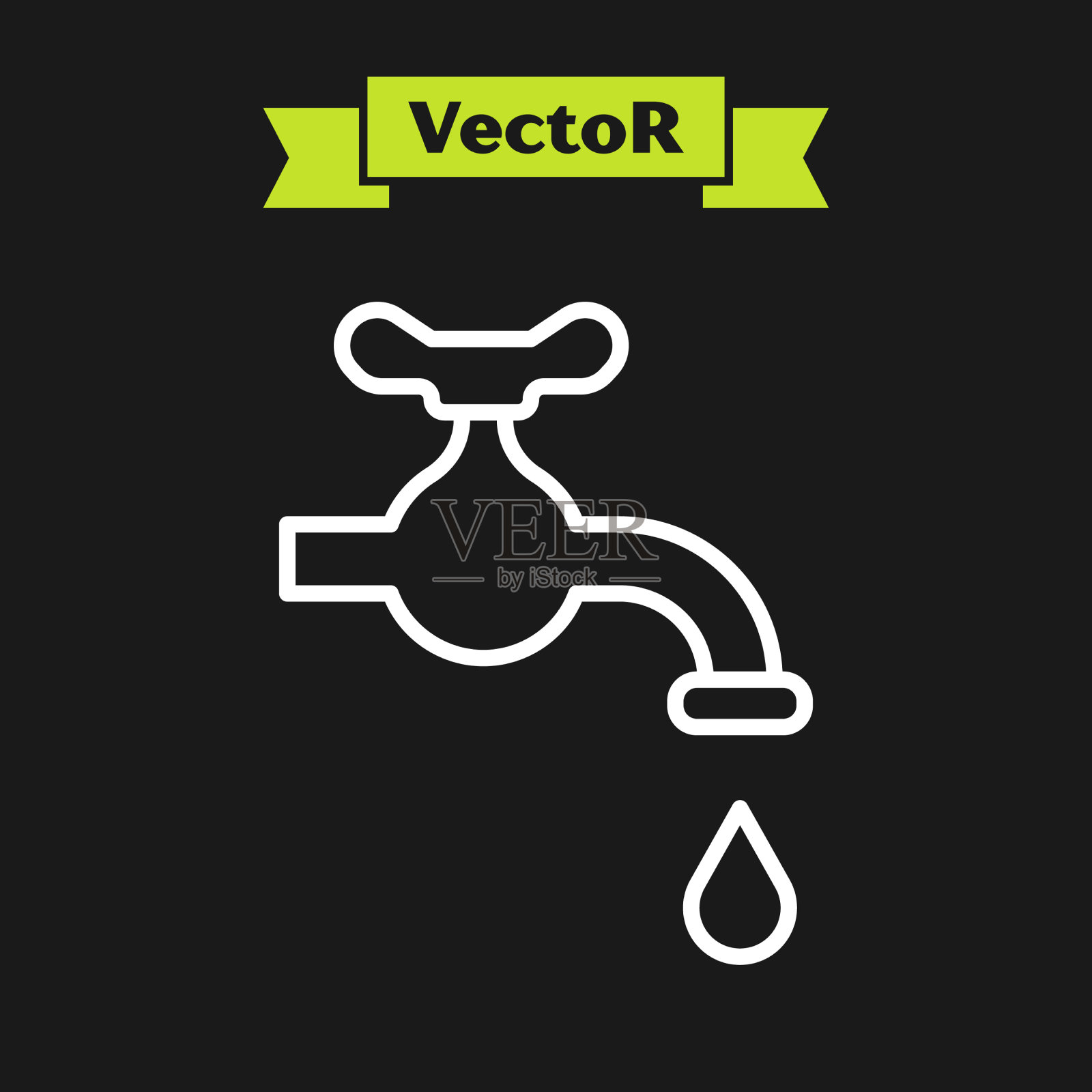 白色线条的水龙头有一个下降的水滴插画图片素材