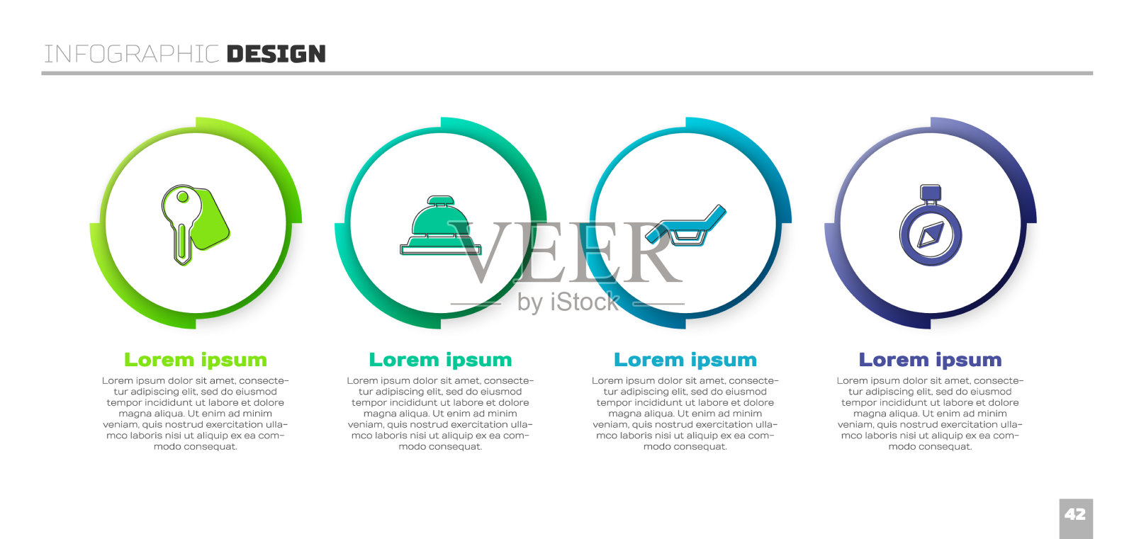 设置酒店门锁钥匙服务铃、太阳浴床和图标素材