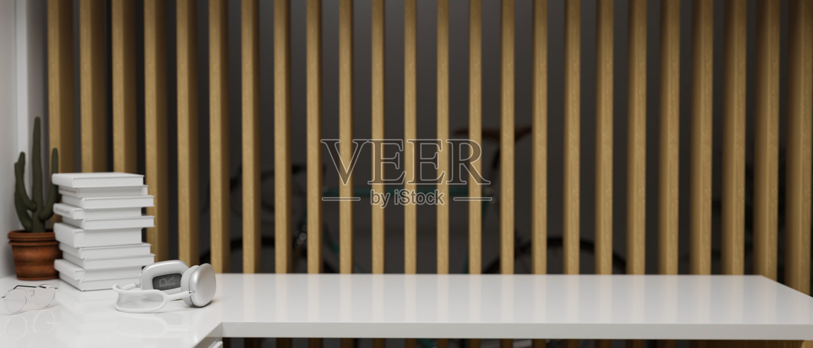 复制空间的产品展示在白色现代餐桌装饰与室内木条在背景照片摄影图片