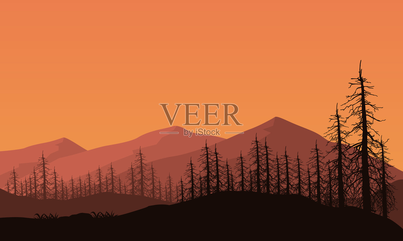 美丽的橙色天空和山景插画图片素材
