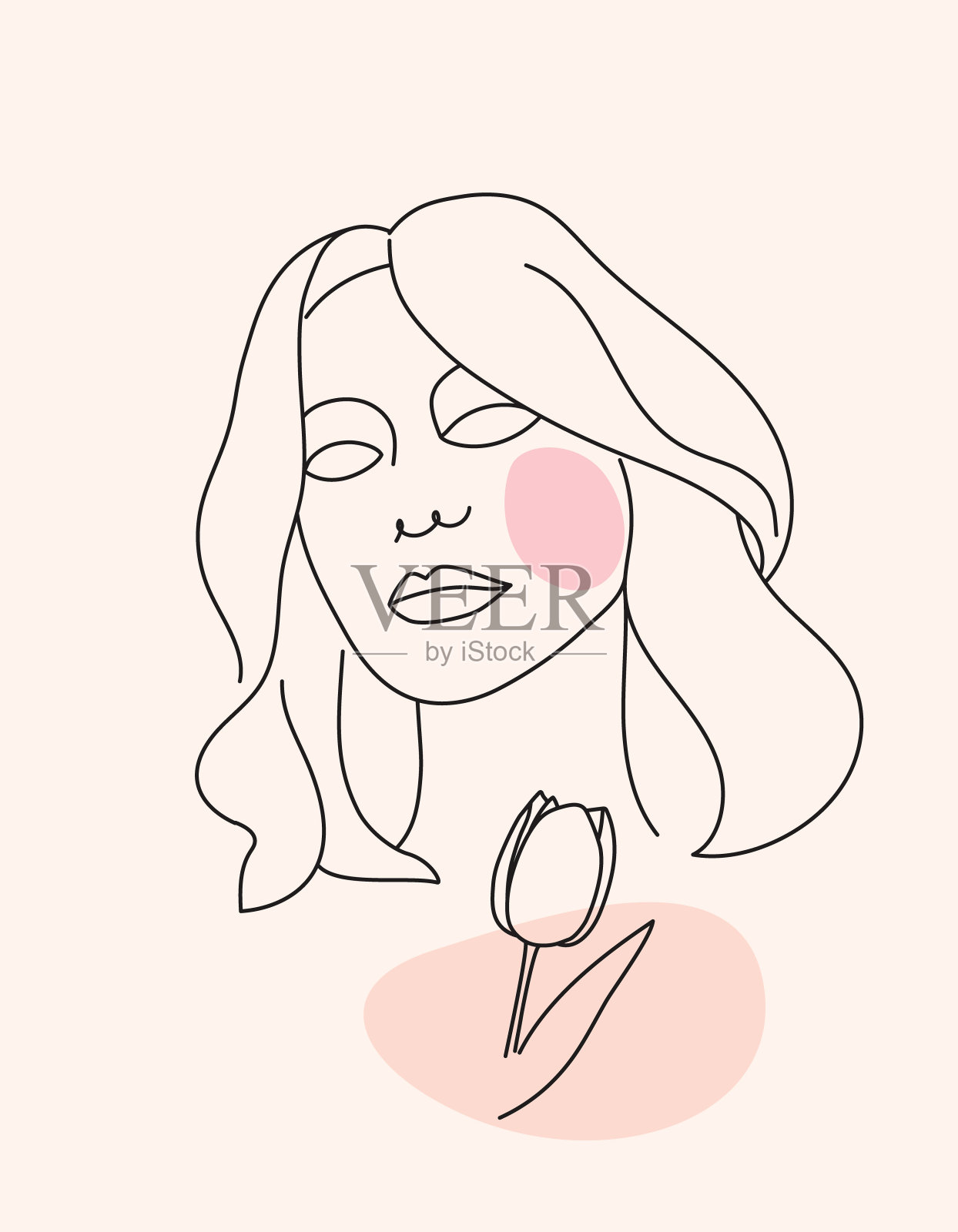 背景是一张抽象的脸,上面有一朵花,轮廓是黑色的。矢量插图的海报,小册子,传单,封面或墙壁装饰。插画图片素材