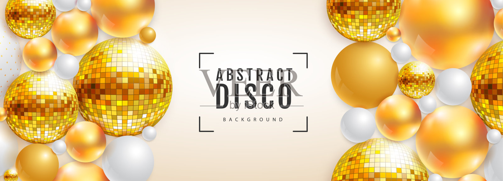 3D抽象背景与彩色金色球体和迪斯科球球体。迪斯科球背景。迪斯科晚会海报。矢量图插画图片素材