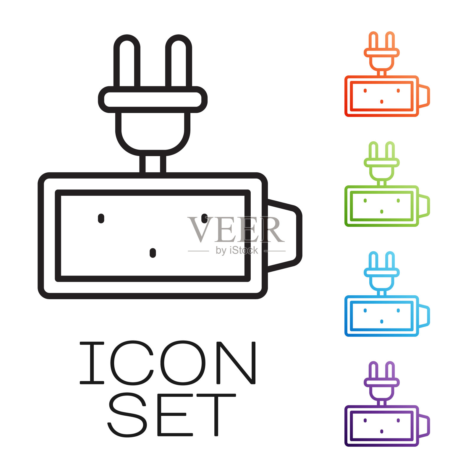 黑线电池电量指示器图标隔离在白色背景上。设置图标丰富多彩。向量图标素材